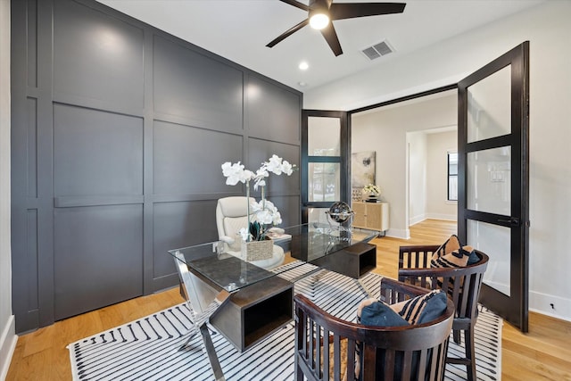 office space with visible vents, baseboards, ceiling fan, recessed lighting, and light wood finished floors
