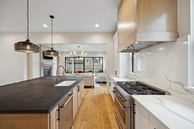 kitchen featuring a sink, premium range hood, light wood finished floors, open floor plan, and stainless steel appliances