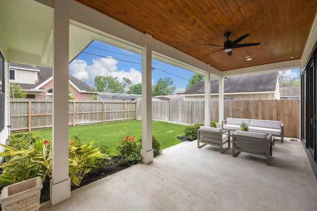 view of patio / terrace featuring a fenced backyard, ceiling fan, and an outdoor living space