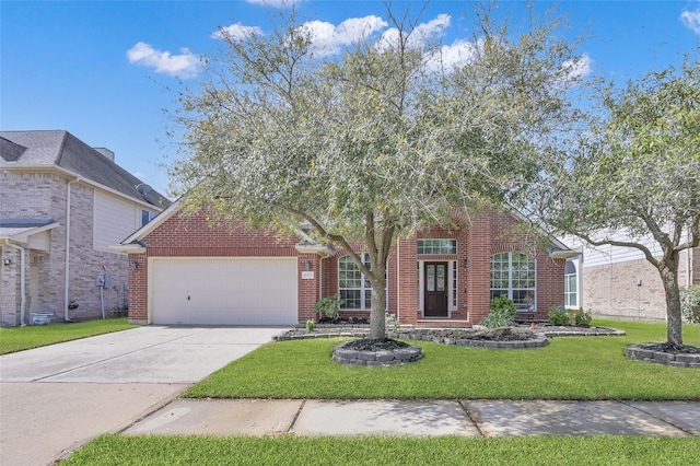 view of front facade featuring an attached garage, concrete driveway, a front yard, and brick siding
