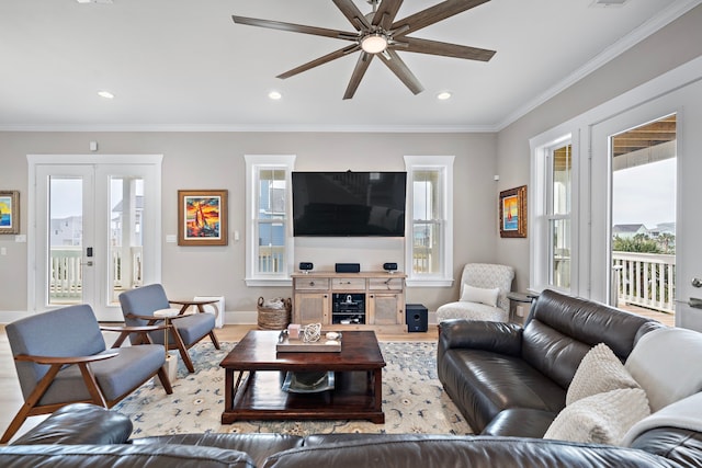 4014 Miramar Ct, Galveston, TX 77554 - living room with french doors, a ceiling fan, baseboards, and wood finished floors