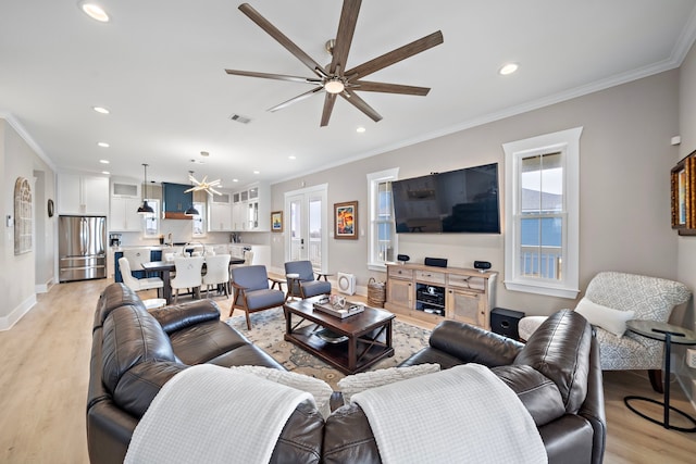 4014 Miramar Ct, Galveston, TX 77554 - living area with light wood-type flooring, recessed lighting, baseboards, and ceiling fan