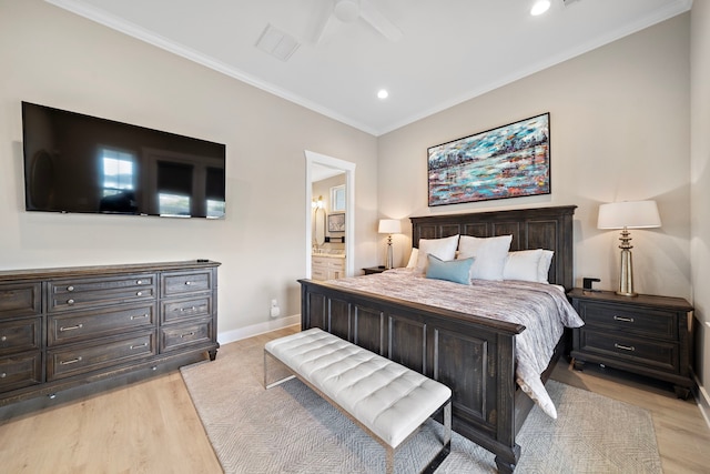 4014 Miramar Ct, Galveston, TX 77554 - bedroom featuring crown molding, baseboards, light wood finished floors, and visible vents