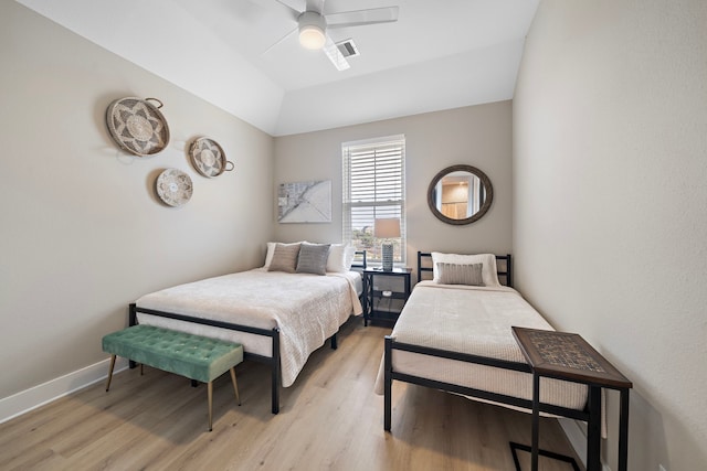 4014 Miramar Ct, Galveston, TX 77554 - bedroom featuring ceiling fan, light wood-style flooring, baseboards, vaulted ceiling, and visible vents