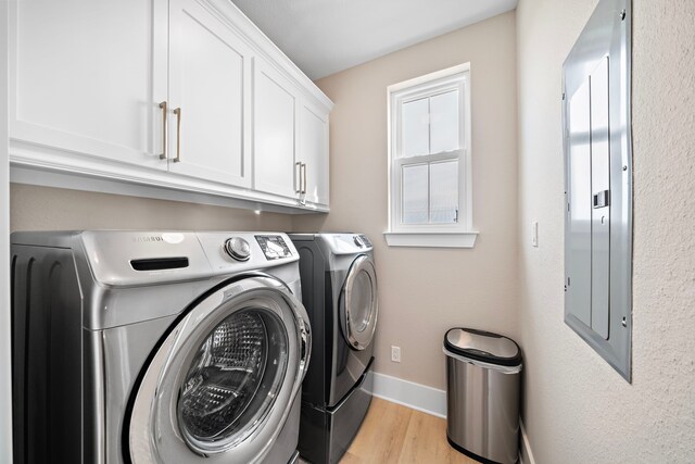 4014 Miramar Ct, Galveston, TX 77554 - laundry area featuring baseboards, electric panel, cabinet space, and washing machine and clothes dryer