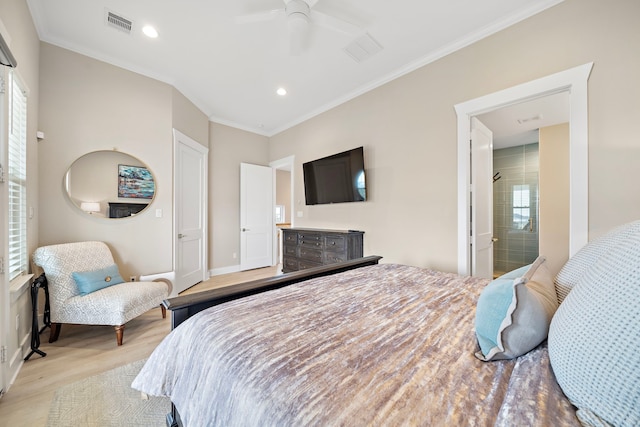 4014 Miramar Ct, Galveston, TX 77554 - bedroom with recessed lighting, a ceiling fan, ornamental molding, and wood finished floors