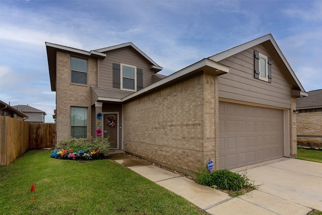 traditional home featuring fence, concrete driveway, a front lawn, and brick siding