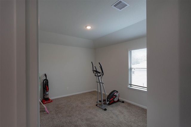 workout area with visible vents, vaulted ceiling, carpet floors, baseboards, and recessed lighting