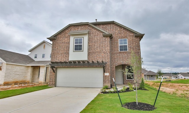 4439 Azalea Blossom Rd, Pinehurst, TX 77362 - view of front facade featuring brick siding, a garage, driveway, and a front lawn