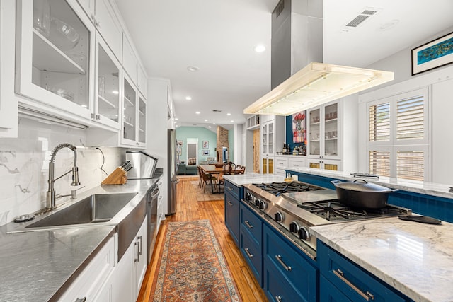 kitchen featuring visible vents, blue cabinets, a sink, and stainless steel appliances