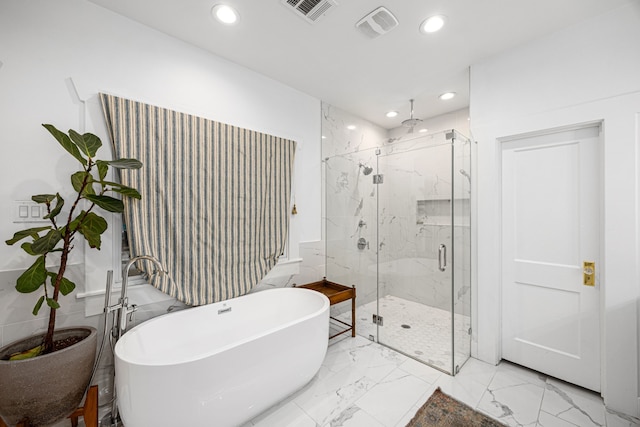 full bath with visible vents, recessed lighting, and a marble finish shower