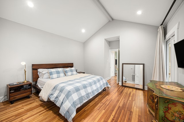 bedroom with light wood-style floors, beamed ceiling, recessed lighting, and visible vents