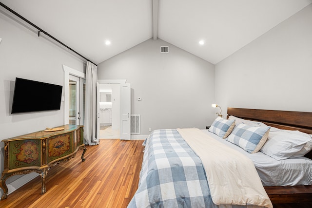 bedroom with beam ceiling, recessed lighting, light wood-style flooring, and visible vents
