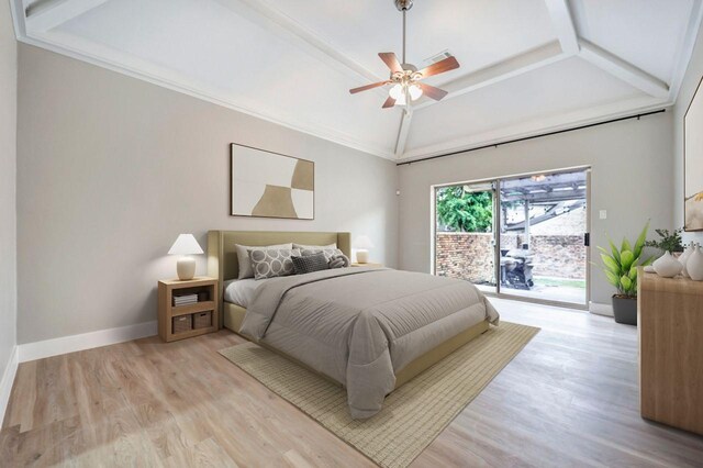 bedroom with light wood-style floors, baseboards, vaulted ceiling, and access to exterior