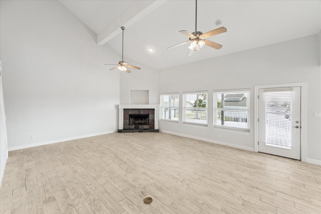 138 Isles End Rd, Tiki Island, TX 77554 - unfurnished living room with healthy amount of natural light, ceiling fan, wood finished floors, high vaulted ceiling, and beam ceiling