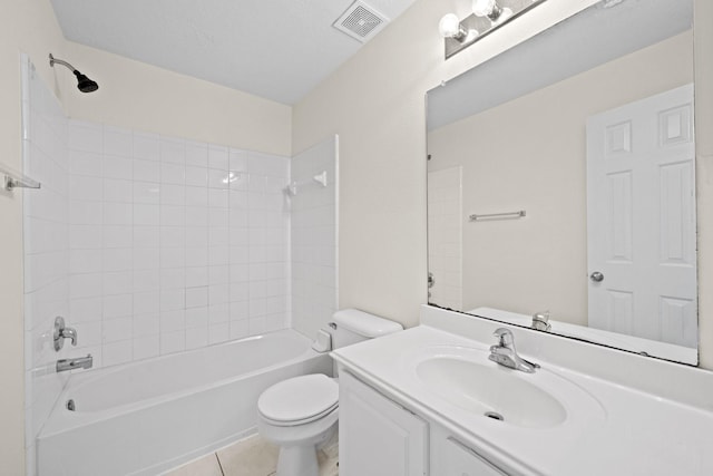 bathroom with visible vents, tile patterned floors, vanity, toilet, and washtub / shower combination