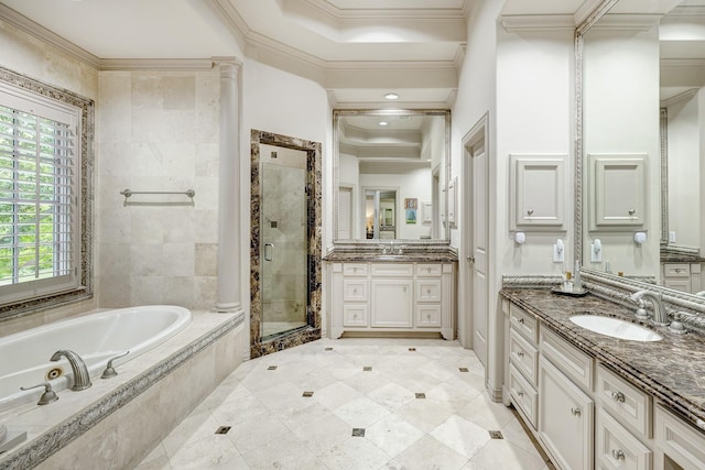 bathroom featuring a sink, crown molding, a garden tub, and a stall shower
