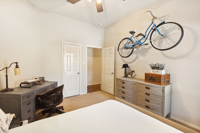 bedroom featuring baseboards, ceiling fan, and carpet