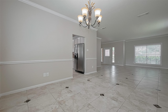 10310 Sable Trail Ln, Houston, TX 77064 - unfurnished dining area featuring ornamental molding, a chandelier, baseboards, and light tile patterned flooring