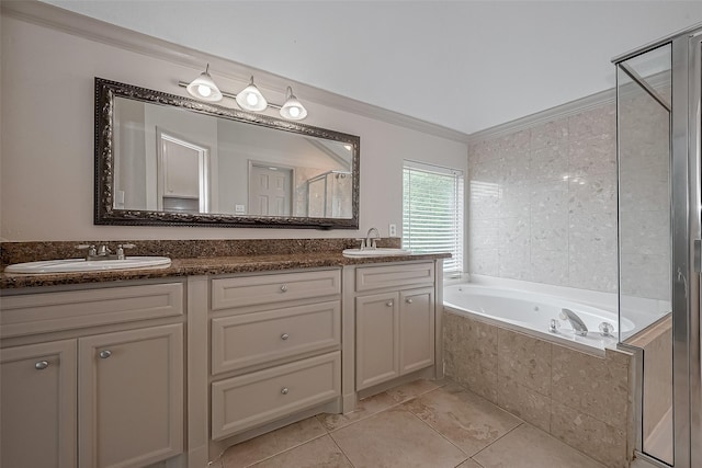 10310 Sable Trail Ln, Houston, TX 77064 - bathroom with a bath, a stall shower, double vanity, tile patterned floors, and ornamental molding