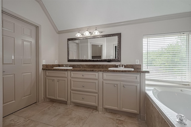 10310 Sable Trail Ln, Houston, TX 77064 - full bath featuring vaulted ceiling, double vanity, a garden tub, crown molding, and tile patterned floors