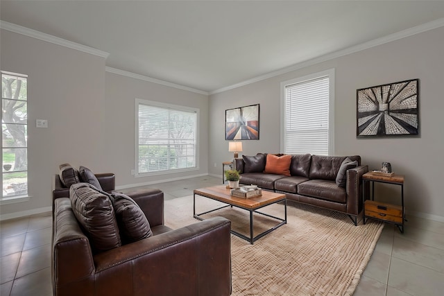 10310 Sable Trail Ln, Houston, TX 77064 - living room featuring light tile patterned floors, crown molding, and baseboards