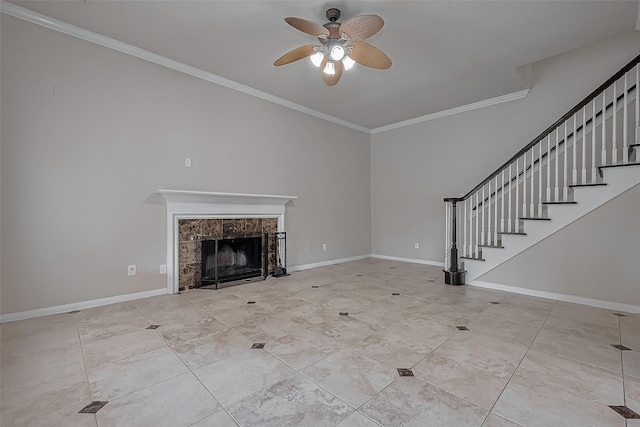 10310 Sable Trail Ln, Houston, TX 77064 - unfurnished living room with ceiling fan, crown molding, stairway, a premium fireplace, and baseboards