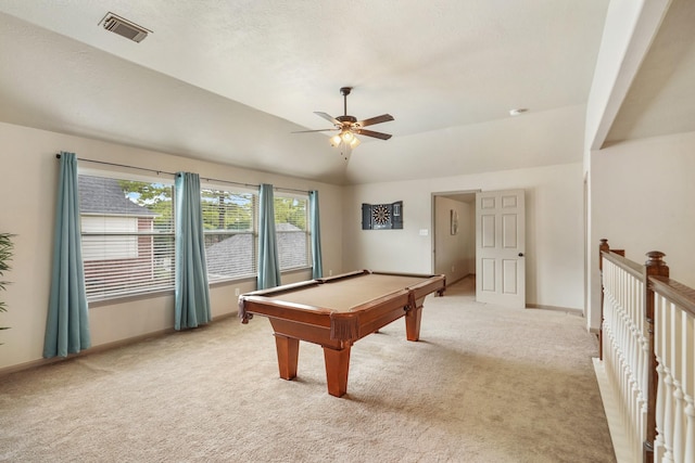 game room featuring pool table, visible vents, light carpet, and ceiling fan
