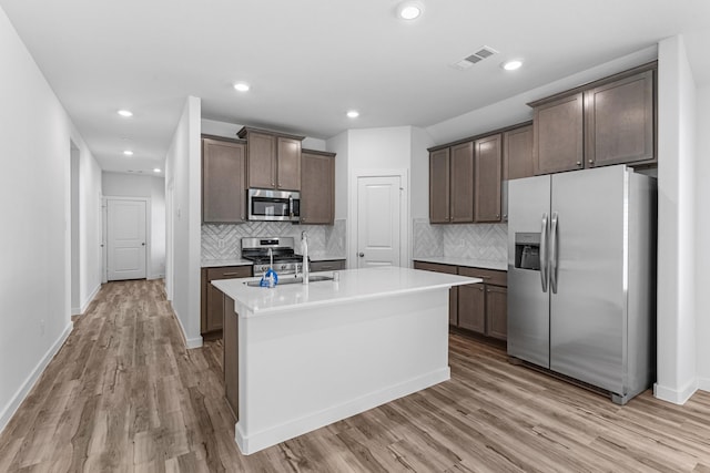 kitchen featuring visible vents, light wood-style floors, a sink, backsplash, and stainless steel appliances
