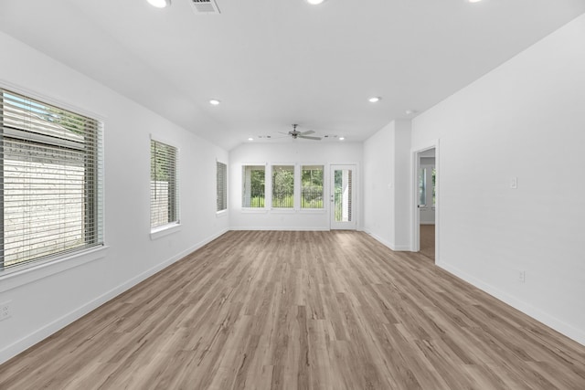 unfurnished living room featuring recessed lighting, a ceiling fan, and light wood finished floors