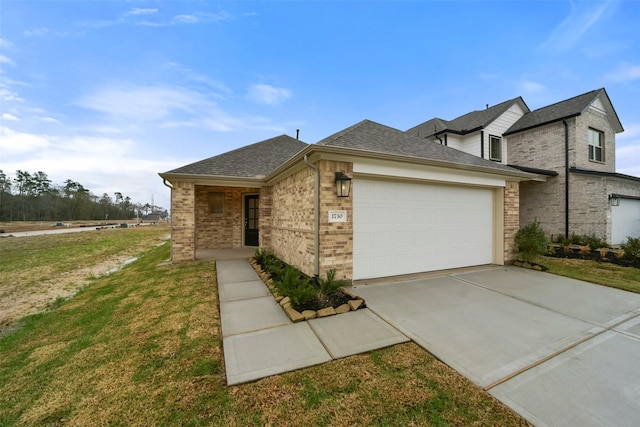 1730 Portia Ln, Conroe, TX 77301 - view of front of property featuring roof with shingles, brick siding, a garage, a front yard, and concrete driveway
