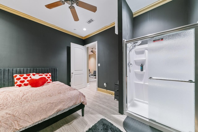 12832 Willow Centre Dr, Houston, TX 77066 - bedroom with crown molding, ceiling fan, baseboards, wood finished floors, and visible vents