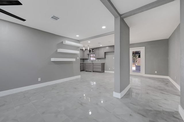 unfurnished living room featuring recessed lighting, baseboards, visible vents, and marble finish floor