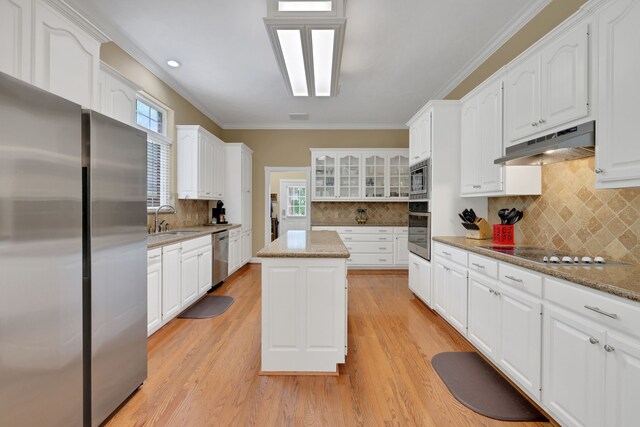 kitchen featuring under cabinet range hood, stainless steel appliances, a sink, and tasteful backsplash