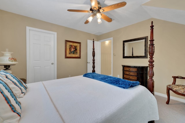 bedroom featuring carpet floors, baseboards, and ceiling fan
