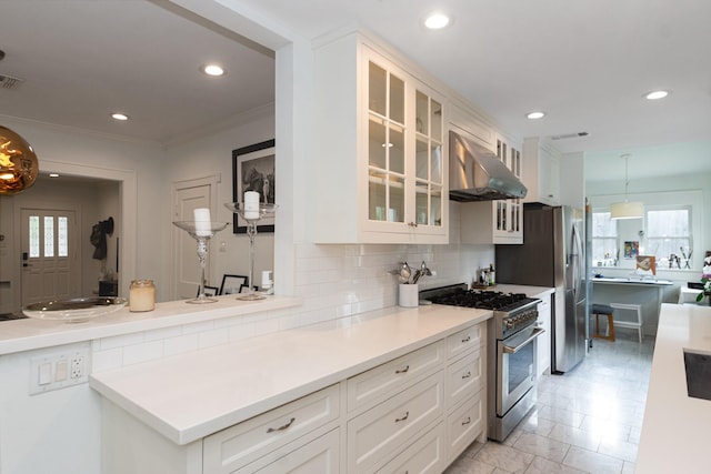 kitchen featuring stainless steel appliances, recessed lighting, ventilation hood, and tasteful backsplash