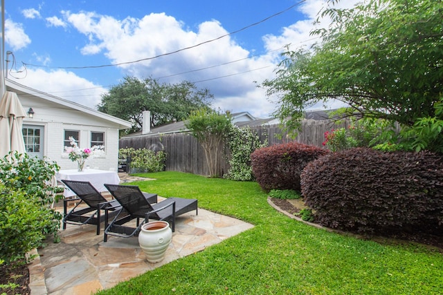 view of yard with a fenced backyard and a patio area