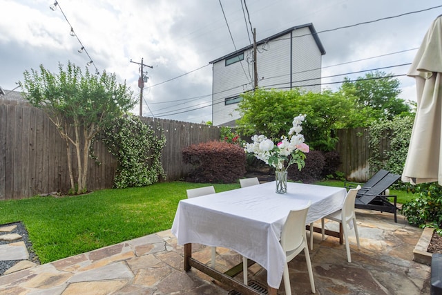 view of patio with a fenced backyard and outdoor dining area