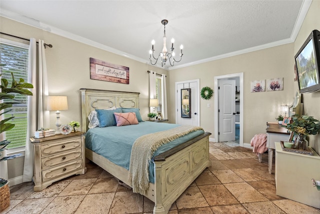 bedroom featuring ornamental molding, a chandelier, and stone tile floors