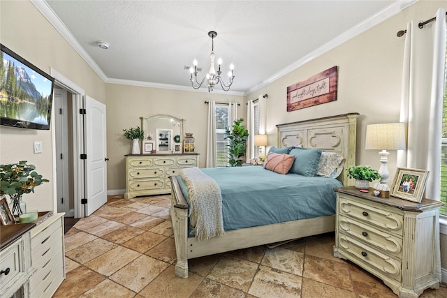 bedroom featuring crown molding, baseboards, stone tile flooring, and a notable chandelier