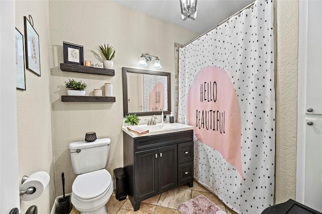full bath featuring vanity, tile patterned flooring, toilet, and a shower with shower curtain
