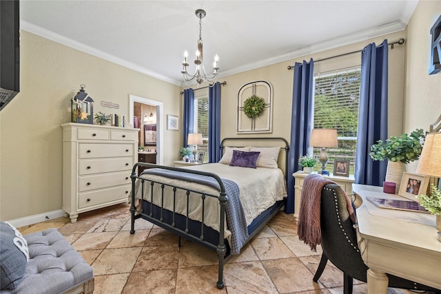 bedroom with stone tile flooring, ornamental molding, a chandelier, and multiple windows
