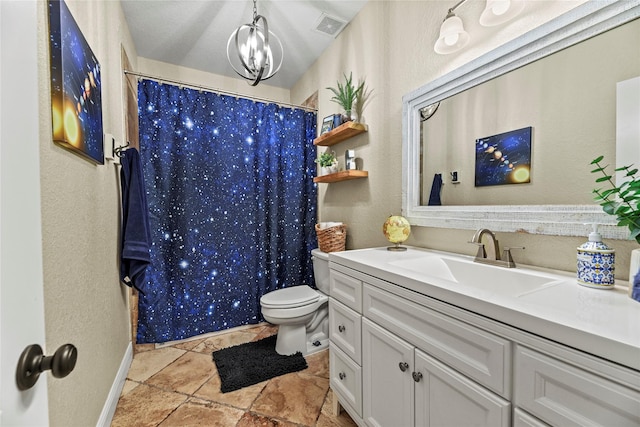 full bathroom featuring a shower with curtain, visible vents, vanity, toilet, and a textured wall