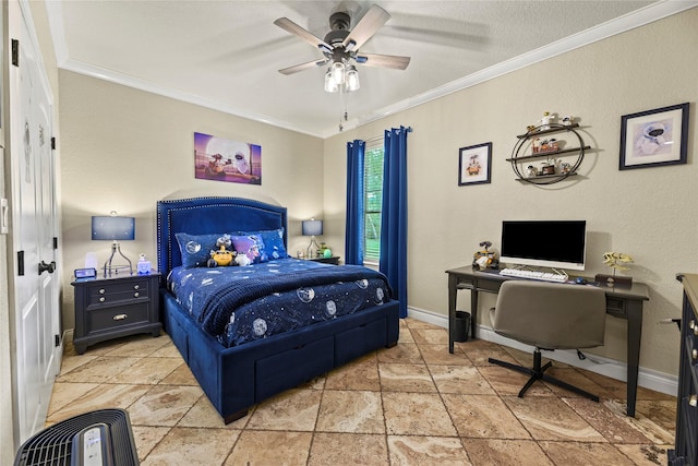 bedroom featuring stone tile floors, baseboards, ornamental molding, and ceiling fan