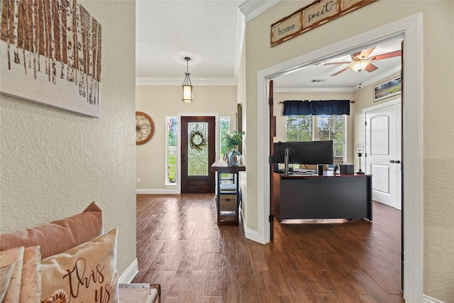 entryway with crown molding, a ceiling fan, a textured wall, and dark wood-style floors