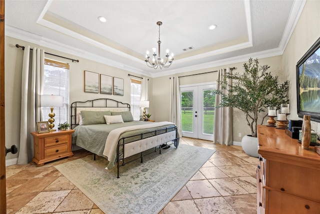 bedroom with french doors, access to exterior, visible vents, stone tile flooring, and a tray ceiling
