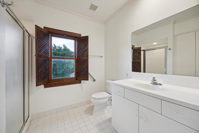 5040 Fieldwood Dr, Houston, TX 77056 - bathroom with toilet, visible vents, a shower stall, vanity, and crown molding