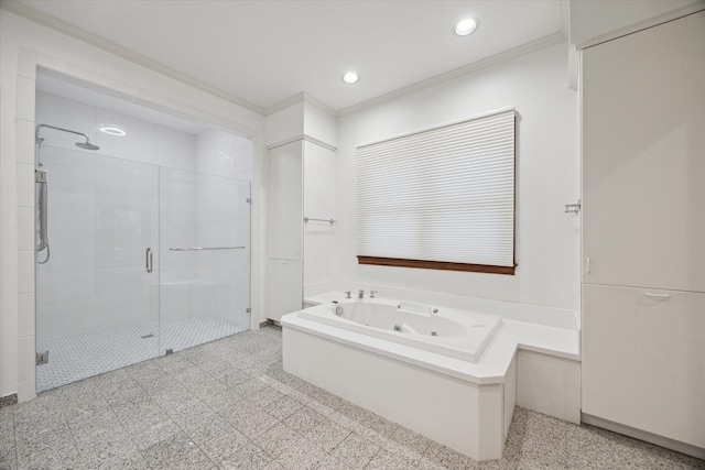 5040 Fieldwood Dr, Houston, TX 77056 - full bath featuring a shower stall, ornamental molding, a jetted tub, and recessed lighting