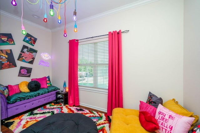 bedroom with baseboards and ornamental molding