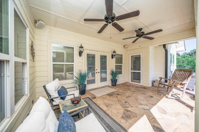 view of patio / terrace featuring french doors, an outdoor hangout area, and ceiling fan